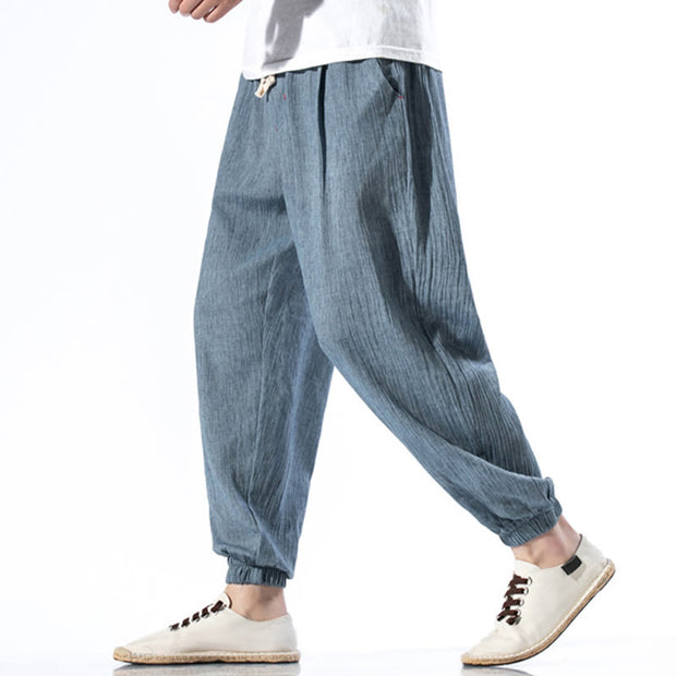 Buddha Stones Casual Solid Color Drawstring Linen Men's Pants With Pockets Men's Pants BS 1