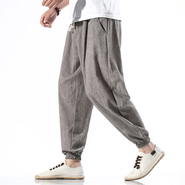 Buddha Stones Casual Solid Color Drawstring Linen Men's Pants With Pockets Men's Pants BS 30