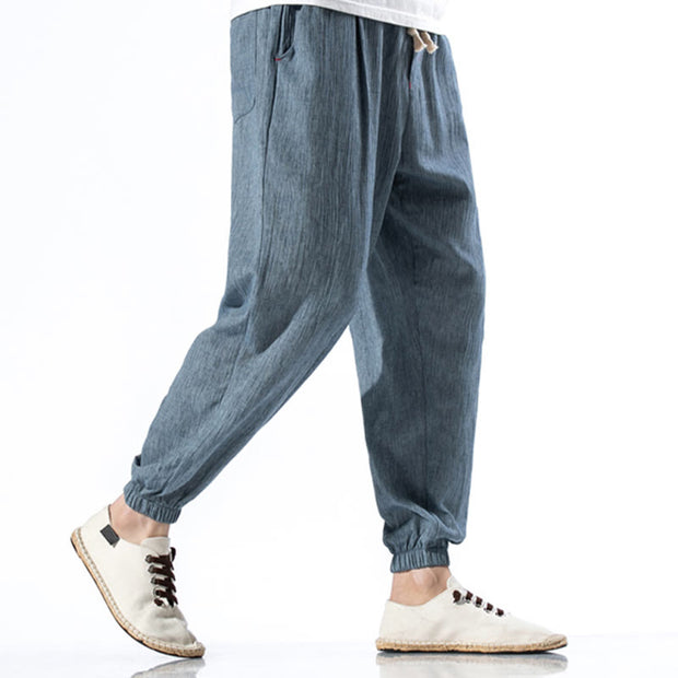 Buddha Stones Casual Solid Color Drawstring Linen Men's Pants With Pockets Men's Pants BS 3