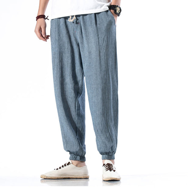 Buddha Stones Casual Solid Color Drawstring Linen Men's Pants With Pockets Men's Pants BS 6