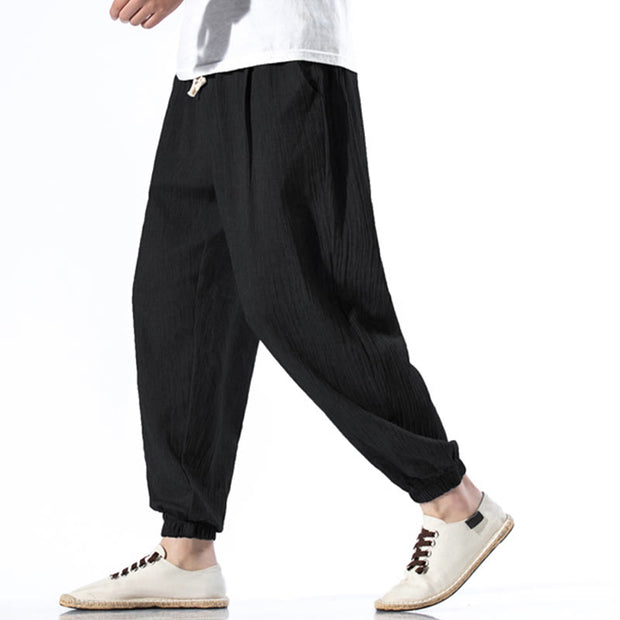 Buddha Stones Casual Solid Color Drawstring Linen Men's Pants With Pockets Men's Pants BS 10