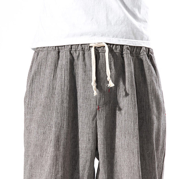 Buddha Stones Casual Solid Color Drawstring Linen Men's Pants With Pockets