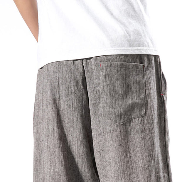 Buddha Stones Casual Solid Color Drawstring Linen Men's Pants With Pockets Men's Pants BS 35