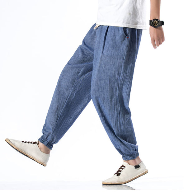 Buddha Stones Casual Solid Color Drawstring Linen Men's Pants With Pockets Men's Pants BS 17