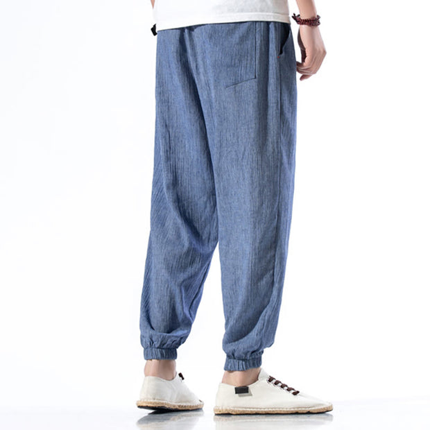 Buddha Stones Casual Solid Color Drawstring Linen Men's Pants With Pockets Men's Pants BS 20