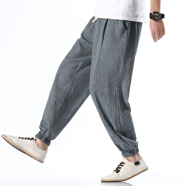 Buddha Stones Casual Solid Color Drawstring Linen Men's Pants With Pockets Men's Pants BS 22