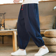 Buddha Stones Plain Color Red Drawstring Linen Men's  Pants With Pockets Men's Pants BS 33