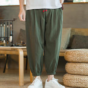 Buddha Stones Plain Color Red Drawstring Linen Men's  Pants With Pockets Men's Pants BS 1