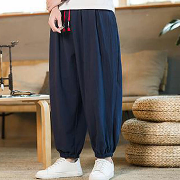 Buddha Stones Plain Color Red Drawstring Linen Men's  Pants With Pockets Men's Pants BS 31