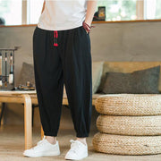 Buddha Stones Plain Color Red Drawstring Linen Men's  Pants With Pockets