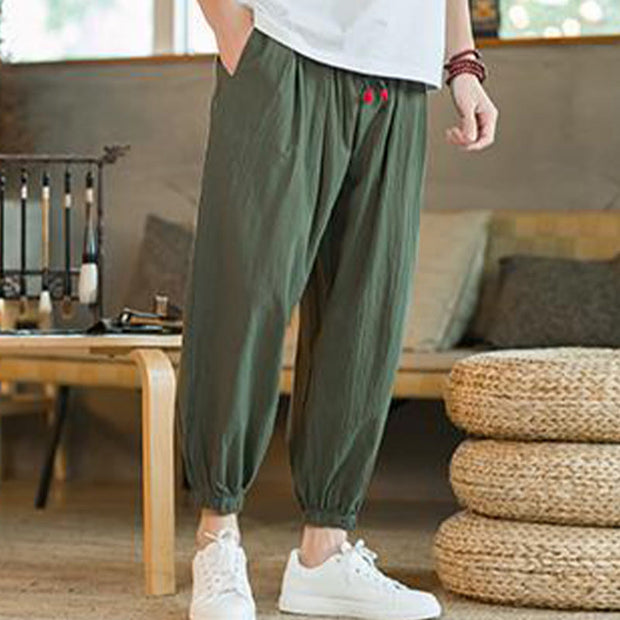 Buddha Stones Plain Color Red Drawstring Linen Men's  Pants With Pockets Men's Pants BS 3