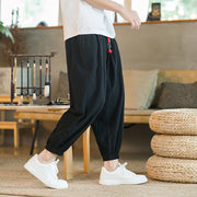 Buddha Stones Plain Color Red Drawstring Linen Men's  Pants With Pockets Men's Pants BS 18