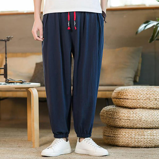 Buddha Stones Plain Color Red Drawstring Linen Men's  Pants With Pockets Men's Pants BS DarkBlue US/UK/AU46，EU56 (5XL)