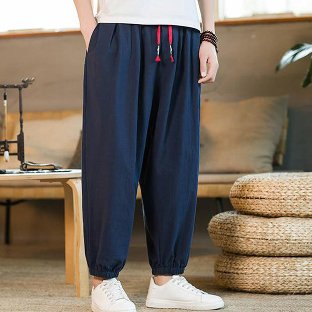 Buddha Stones Plain Color Red Drawstring Linen Men's  Pants With Pockets Men's Pants BS 30