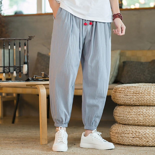 Buddha Stones Plain Color Red Drawstring Linen Men's  Pants With Pockets Men's Pants BS 23