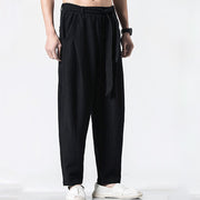 Buddha Stones Solid Color Lace-up Men's Cotton Linen Pants With Pockets