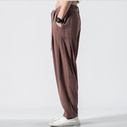 Buddha Stones Solid Color Lace-up Men's Cotton Linen Pants With Pockets