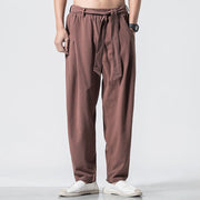 Buddha Stones Solid Color Lace-up Men's Cotton Linen Pants With Pockets