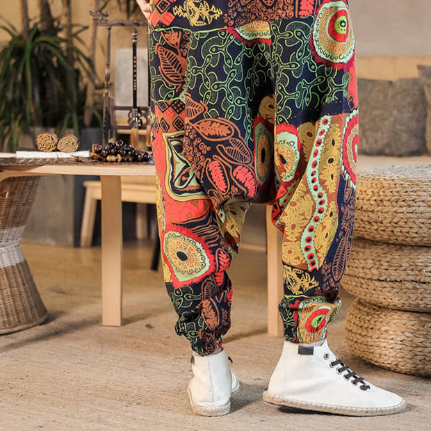 Buddha Stones Red Gold Casual Leaves Print Cotton Men's Harem Pants With Pockets Men's Harem Pants BS 3