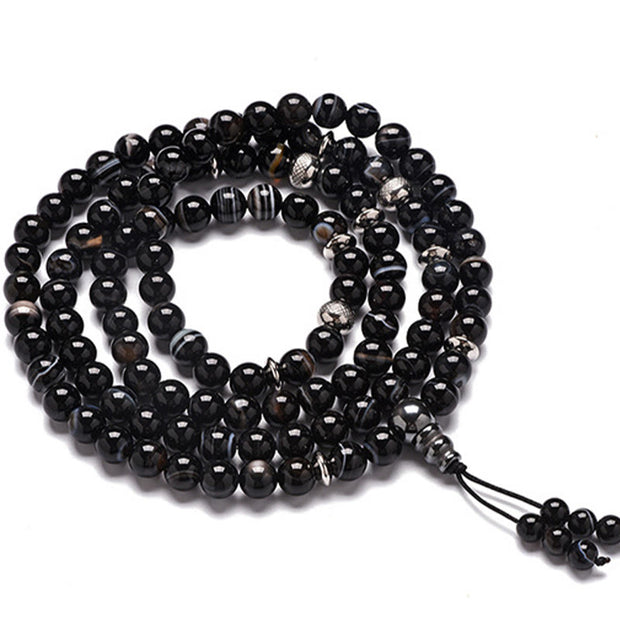 Buddha Stones 108 Mala Beads Natural Stone Black Onyx Protection Bracelet