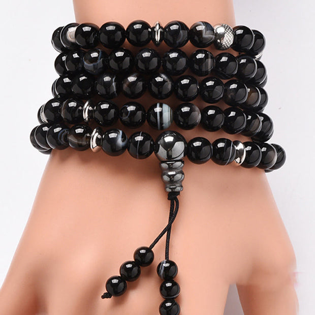 Buddha Stones 108 Mala Beads Natural Stone Black Onyx Protection Bracelet