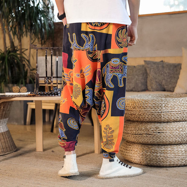 Buddha Stones Grid Flower Print Cotton Men's Harem Pants With Pockets Men's Harem Pants BS 19