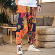 Buddha Stones Grid Flower Print Cotton Men's Harem Pants With Pockets Men's Harem Pants BS 12