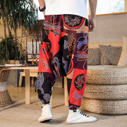 Buddha Stones Grid Flower Print Cotton Men's Harem Pants With Pockets Men's Harem Pants BS 7