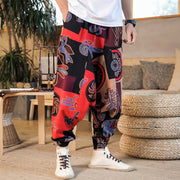 Buddha Stones Grid Flower Print Cotton Men's Harem Pants With Pockets Men's Harem Pants BS 5