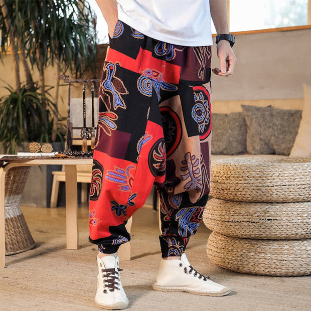 Buddha Stones Grid Flower Print Cotton Men's Harem Pants With Pockets Men's Harem Pants BS 5