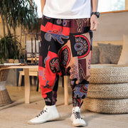 Buddha Stones Grid Flower Print Cotton Men's Harem Pants With Pockets Men's Harem Pants BS 1