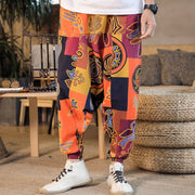 Buddha Stones Grid Flower Print Cotton Men's Harem Pants With Pockets Men's Harem Pants BS 13