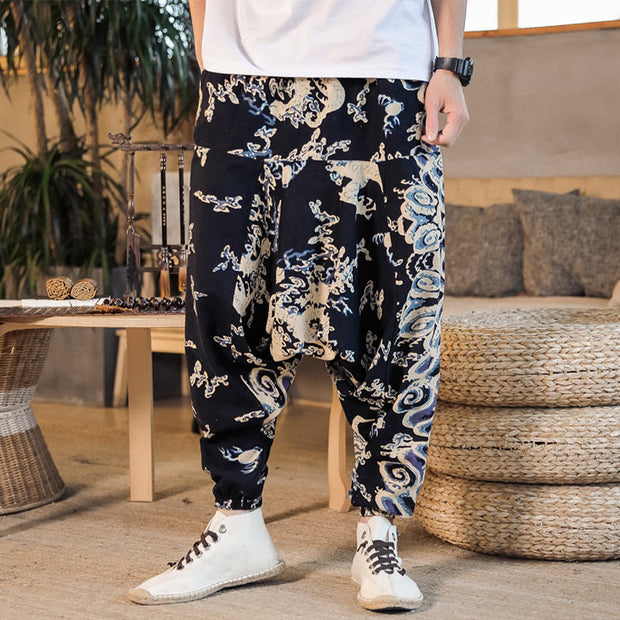 Buddha Stones Chinese Dragon Pattern Cotton Men's Harem Pants With Pockets Men's Harem Pants BS 2