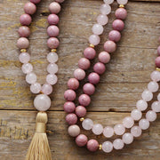 Buddha Stones 108 Mala Beads Rhodonite Rose Quartz Tassel Healing Bracelet