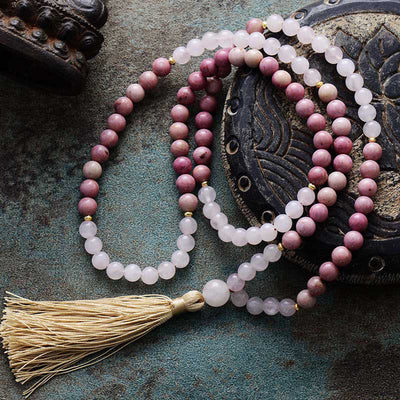 Buddha Stones 108 Mala Beads Rhodonite Rose Quartz Tassel Healing Bracelet