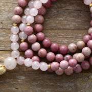 Buddha Stones 108 Mala Beads Rhodonite Rose Quartz Tassel Healing Bracelet