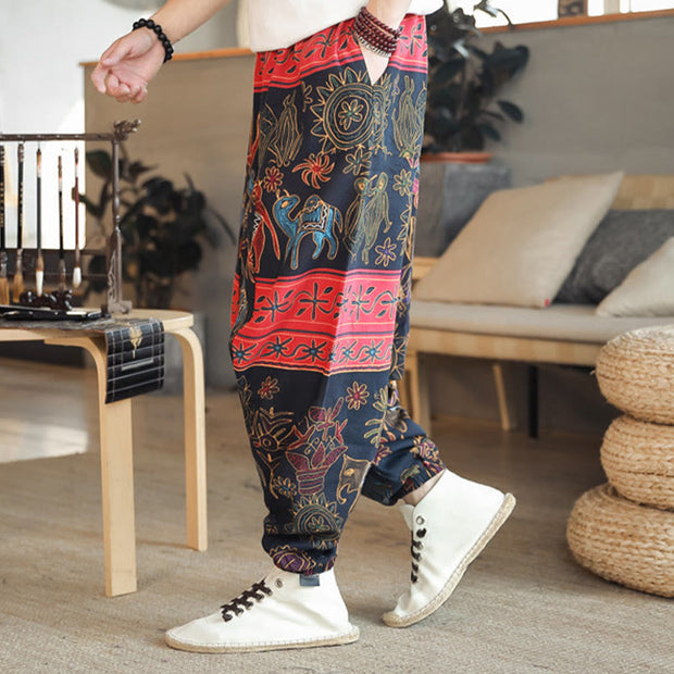 Buddha Stones Colorful Camel Figure Pattern Cotton Men's Harem Pants With Pockets Men's Harem Pants BS 1