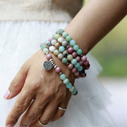 Buddha Stones 108 Mala Beads Rhodonite Amazonite Lotus Healing Bracelet