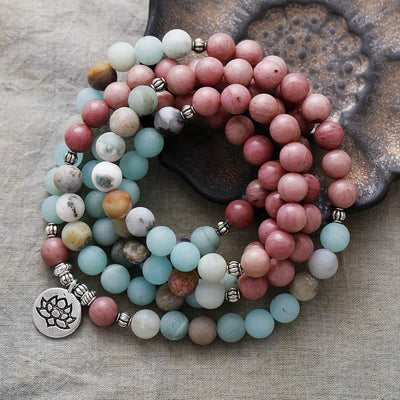 Buddha Stones 108 Mala Beads Rhodonite Amazonite Lotus Healing Bracelet