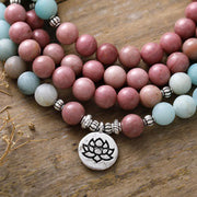 Buddha Stones 108 Mala Beads Rhodonite Amazonite Lotus Healing Bracelet