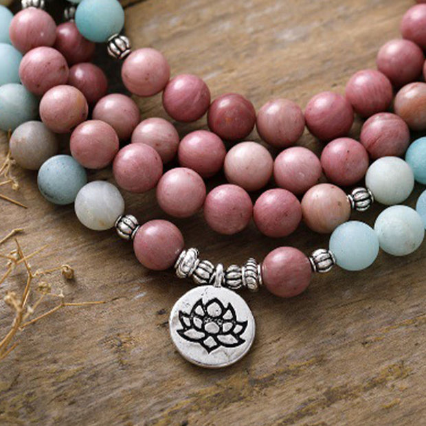 Buddha Stones 108 Mala Beads Rhodonite Amazonite Lotus Healing Bracelet