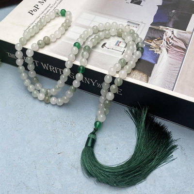 Buddha Stones 108 Mala Beads Natural Tianshan Jade Tassel Luck Bracelet Mala Bracelet BS Tianshan jade&Green Agate (Wrist Circumference: 14-16cm)