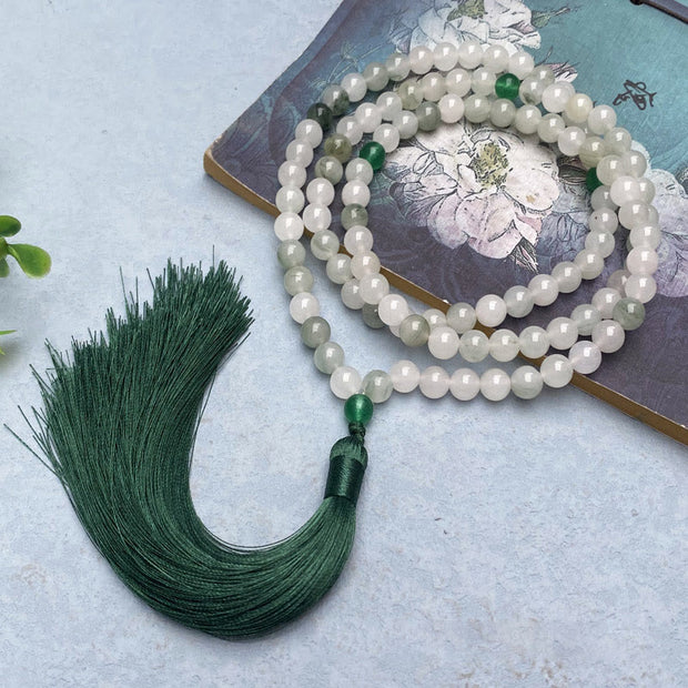 Buddha Stones 108 Mala Beads Natural Tianshan Jade Tassel Luck Bracelet