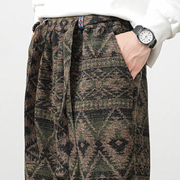 Buddha Stones Ethnic Jacquard Knitting Drawstring Men's Pants With Pockets