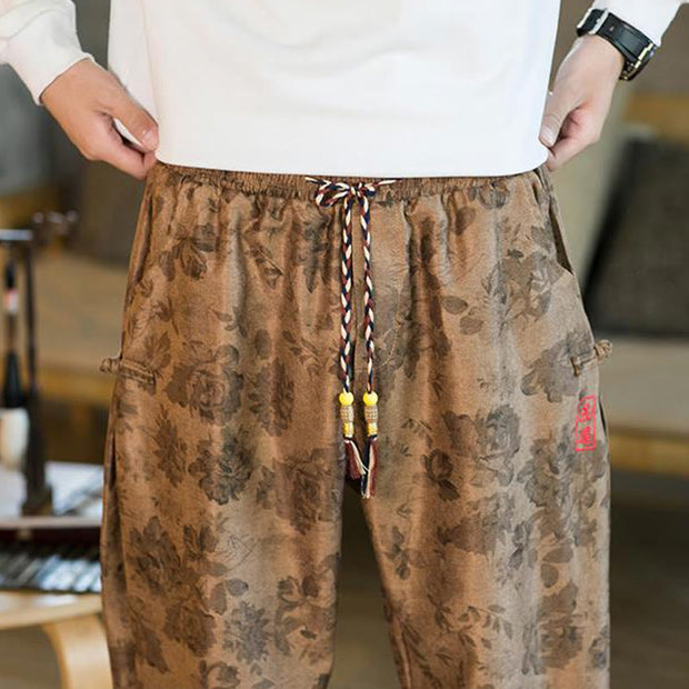 Buddha Stones Flower Ankle Frog-button Cotton Drawstring Men's Pants With Pockets