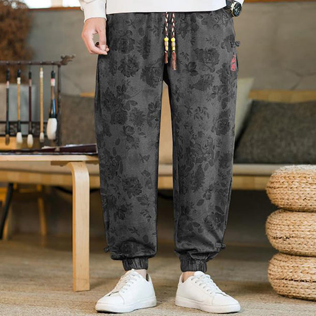 Buddha Stones Flower Ankle Frog-button Cotton Drawstring Men's Pants With Pockets