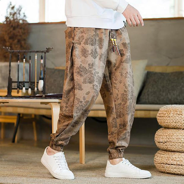 Buddha Stones Flower Ankle Frog-button Cotton Drawstring Men's Pants With Pockets