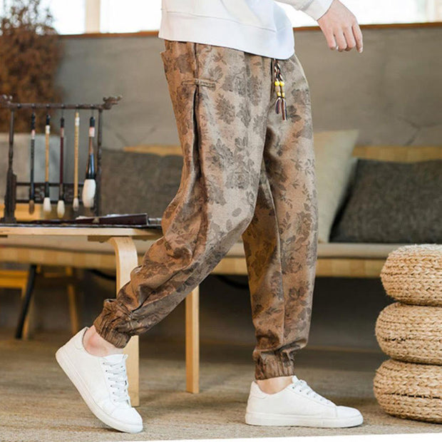 Buddha Stones Flower Ankle Frog-button Cotton Drawstring Men's Pants With Pockets