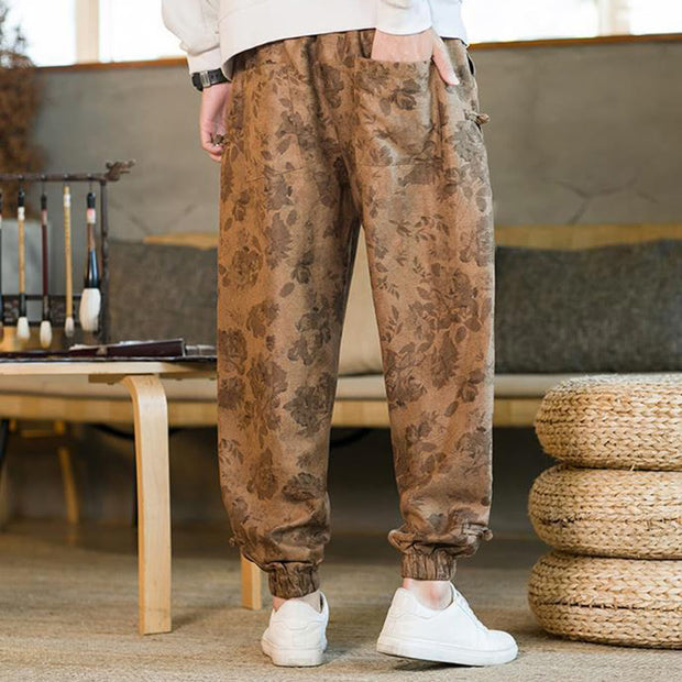 Buddha Stones Flower Ankle Frog-button Cotton Drawstring Men's Pants With Pockets