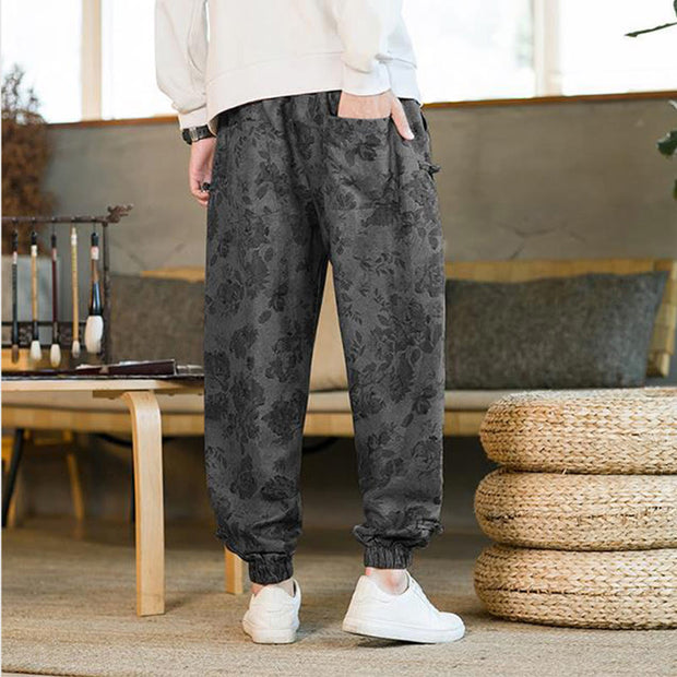 Buddha Stones Flower Ankle Frog-button Cotton Drawstring Men's Pants With Pockets